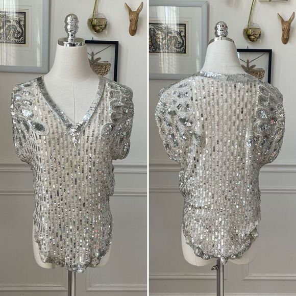 Vintage 70s Judith Ann Creations Ivory Silver Embellished Bling Sequins Pearl To - Picture 1 of 7